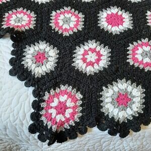Handmade Crocheted‎ Pink Black Hex Shaped Afghan Throw Blanket Granny Decor